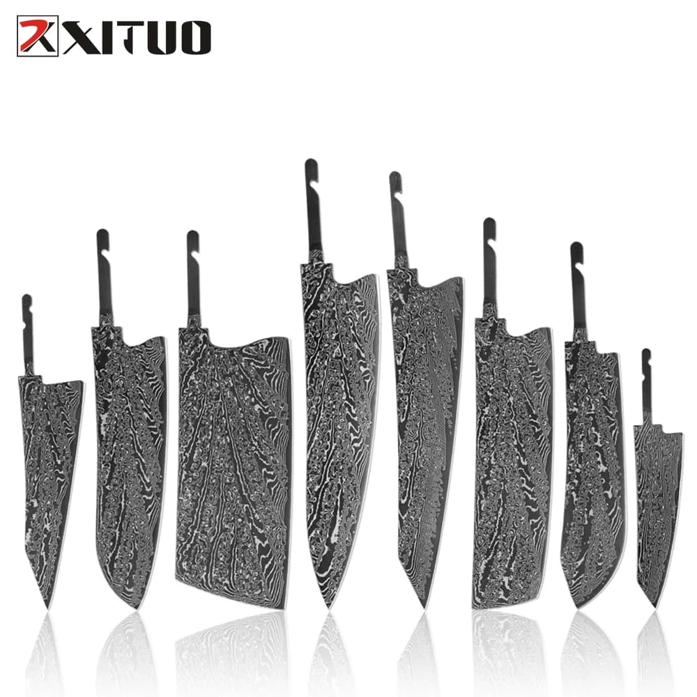 Set di Lame Grezze in Acciaio Damasco Nero Giapponese 1-8 Pezzi, Accessori Fai-da-te per Coltelli da Cucina Artigianali, Lame Grezze per Costruzione Coltelli Fai-da-te