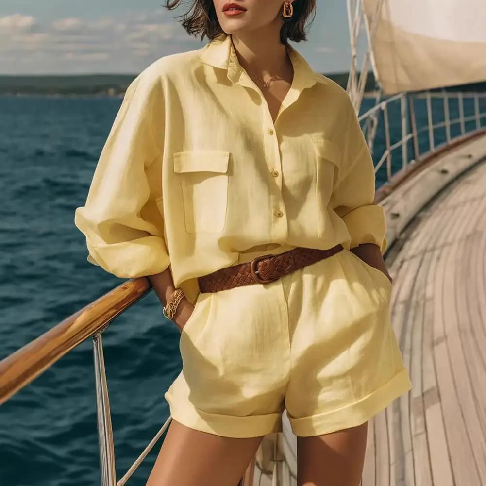 Women Summer 2 Piece Outfits Long Sleeve Button Down Shirts And Shorts Set Casual Vacation Lounge Sets Summer Lady Outfits
