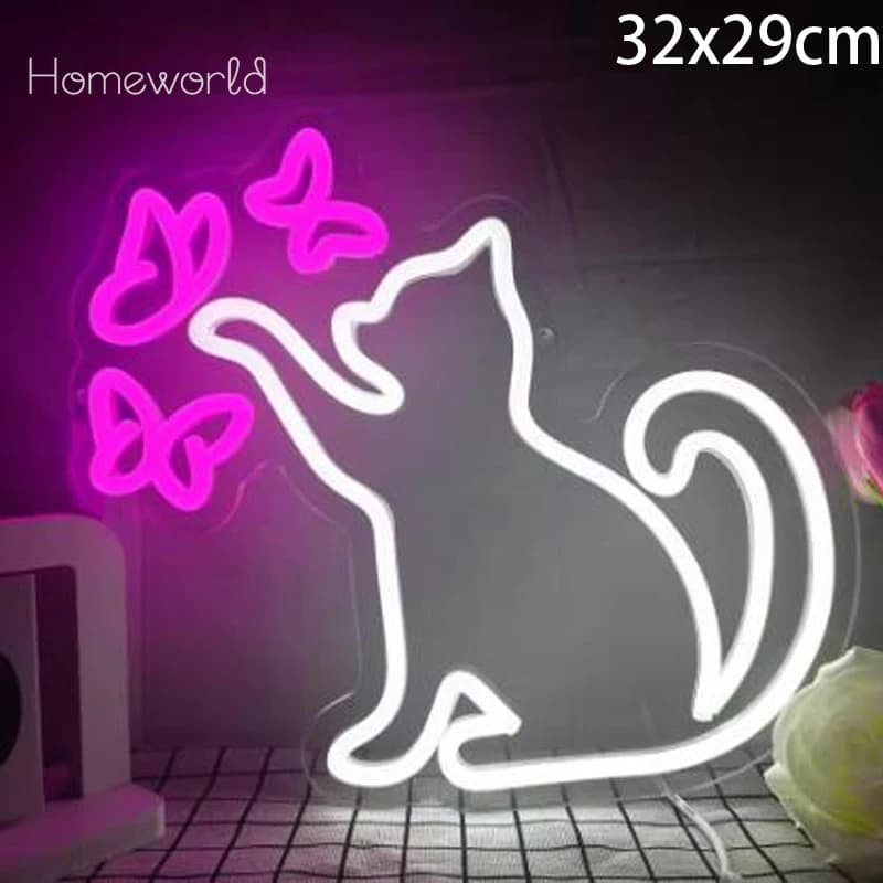 Gatto Farfalla LED Insegna al neon Lampade alimentate tramite USB Camera da letto Wall Art Decorazione interna per bambini Regalo di compleanno Soggiorno Luce al neon