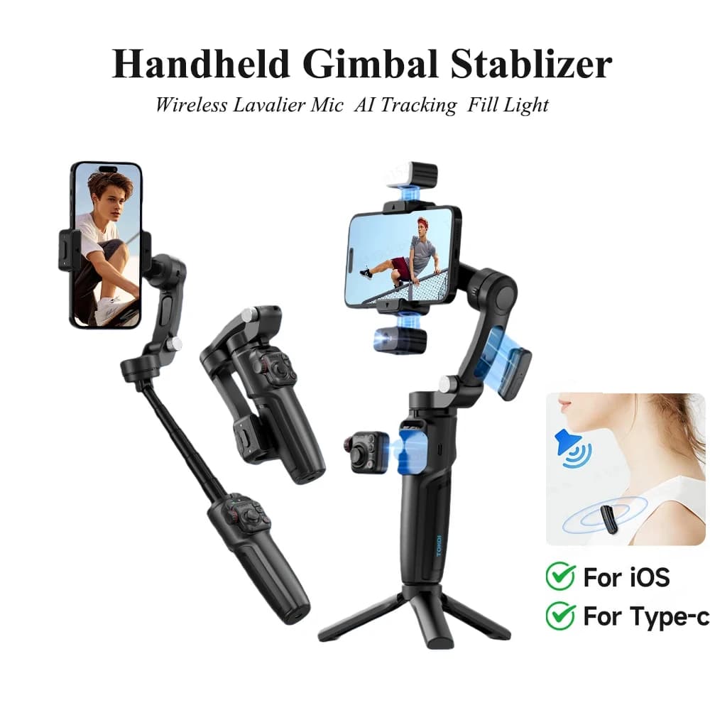 Portable cardanic stabilizer with AI M06 tracking with wireless lavalier microphone with filling light for telescopic rod for iPhone phone