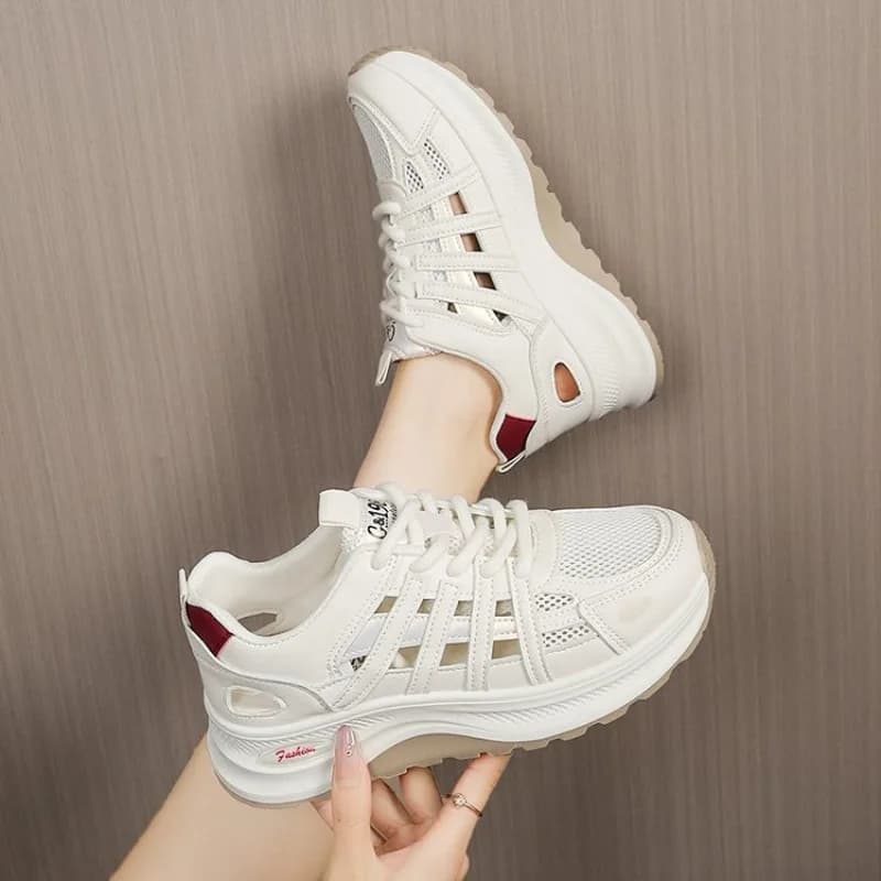 Women's Sneakers Round Toe Chunky Sole Lace Up Mesh Panel Casual Platform Shoes Cutout Design Everyday Active Walking Footwear