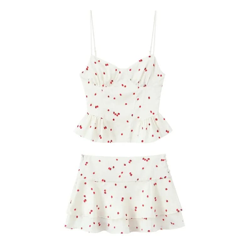 Completo Estivo da Donna con Stampa Fragole, Top Canotta con Spalline Sottili e Minigonna a Balze Stratificate, Set Due Pezzi Casual da Spiaggia