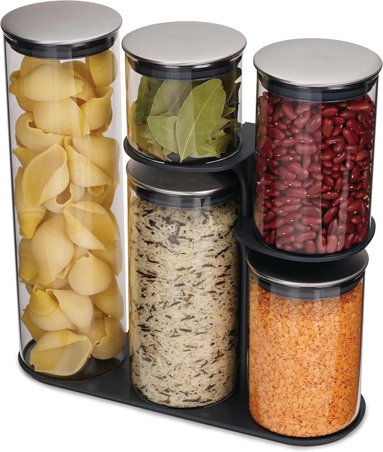 Set di 5 Contenitori per Alimenti Secchi con Supporto, in Acciaio Inox e Vetro, Ermetici per Facile Accesso