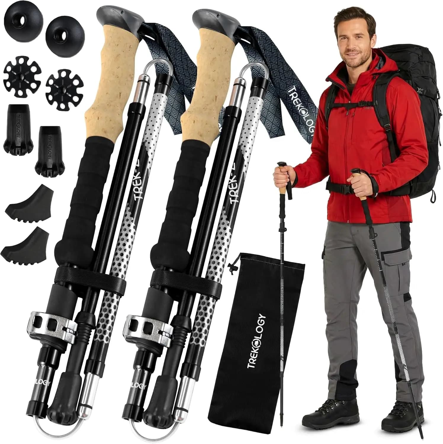 Bastoncini da Trekking Pieghevoli - Regolabili da 100-135 cm per Altezze da 145 cm a 195 cm - Selezione Perfetta della Taglia