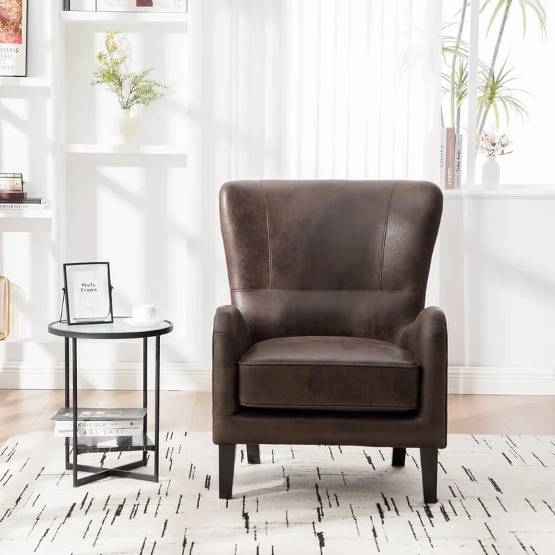 28" Brown PU Upholstered Wingback Accent Chair with Solid Wood Legs, Retro Living Room Armchair, Single Reading Seat