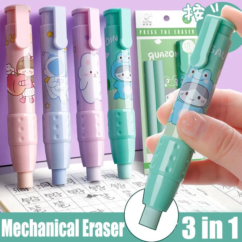 Set di penne per gomma da cancellare 3in1 Gomma retrattile carina Push-pull Gomma meccanica Arte di cancelleria Forniture per la correzione dell'ufficio scolastico