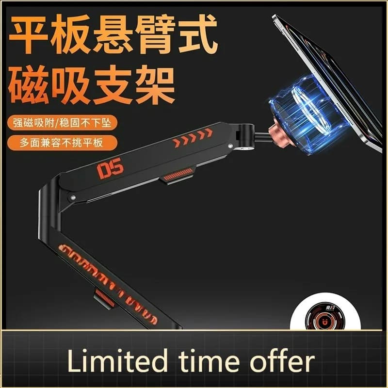 Magnetic support for iPad with hydraulic VESA arm, height adjustable tablet support and inclination for live streaming