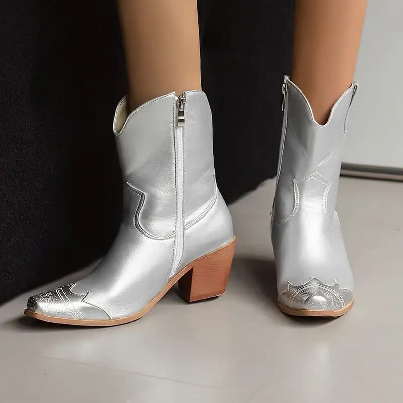 ORCHA LISA Women's Western Cowboy Ankle Booties Metal Toe 6.5cm Block Heel Zipper Slip On Big Size 46 48 Leisure Daily Style