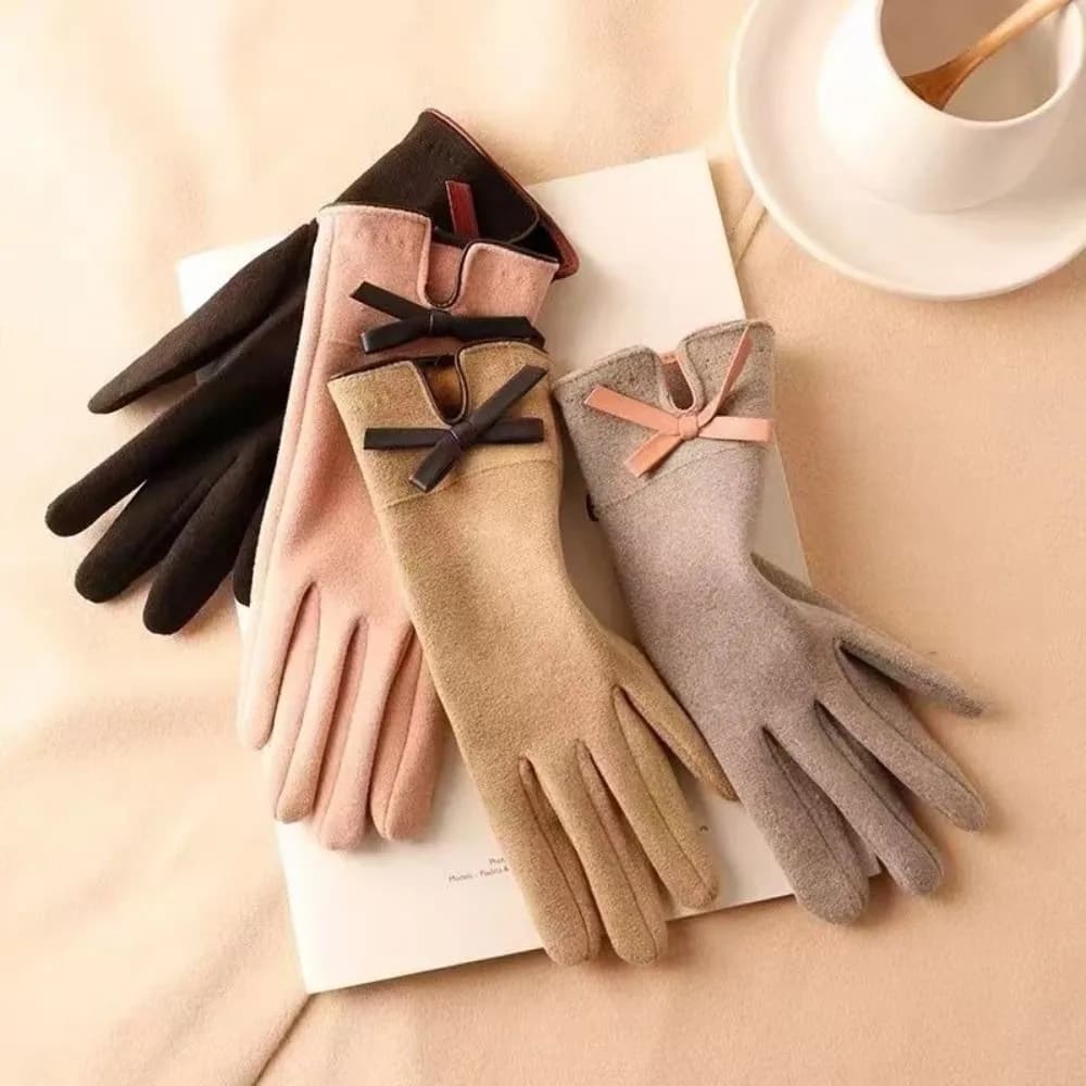 Touch Screen Compatible Winter Driving Gloves Windproof Material Thickened Touch Screen Gloves Bow Design Elastic Cuff