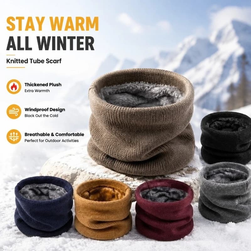 Warm Knitted Tube Scarf Thickened Plush Windproof Winter Neck Gaiter Adjustable Elastic Strap Breathable Outdoor Sport Skiing