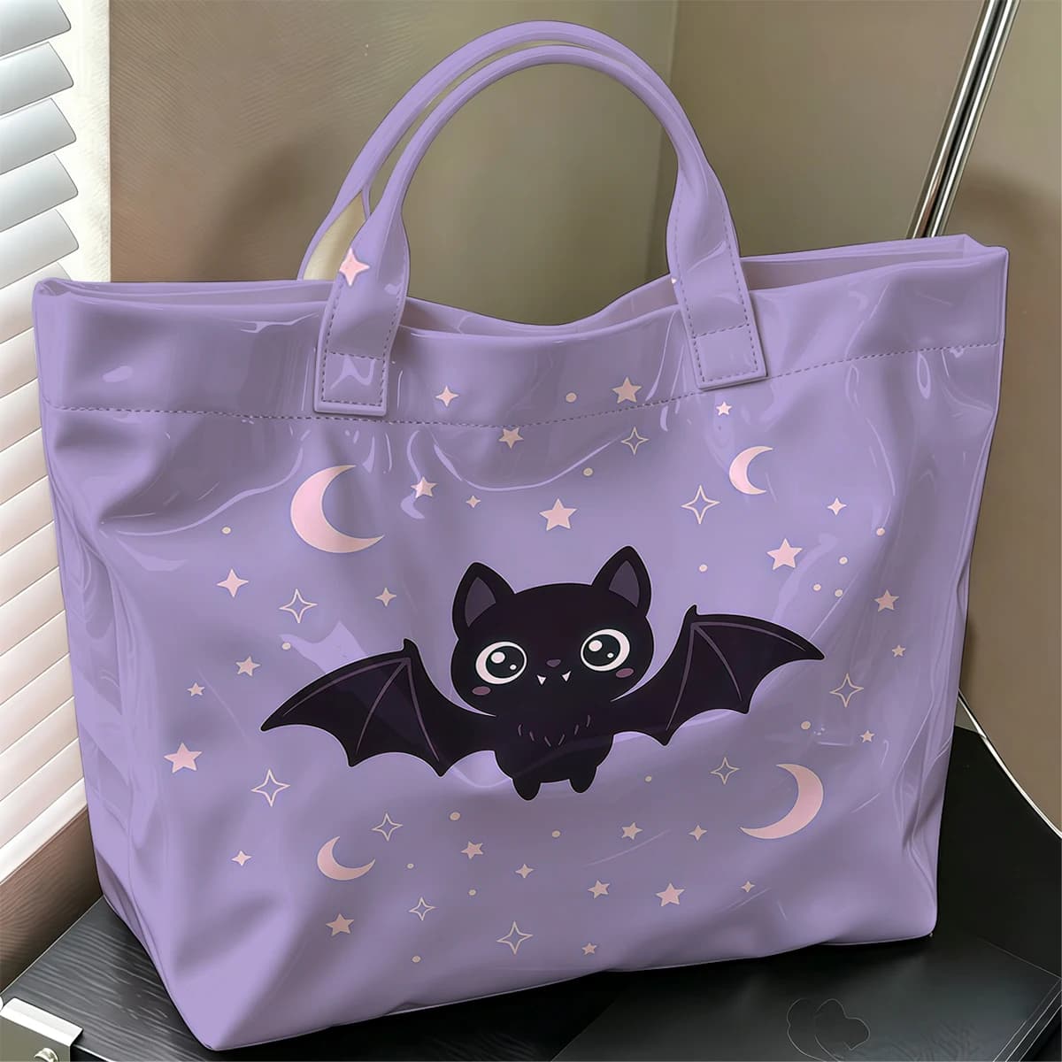 Bat Moon Star Hot Sale Large Glossy PVC Tote Bag Hand Washable Waterproof Great for Travel Commute Makeup Storage Handbags