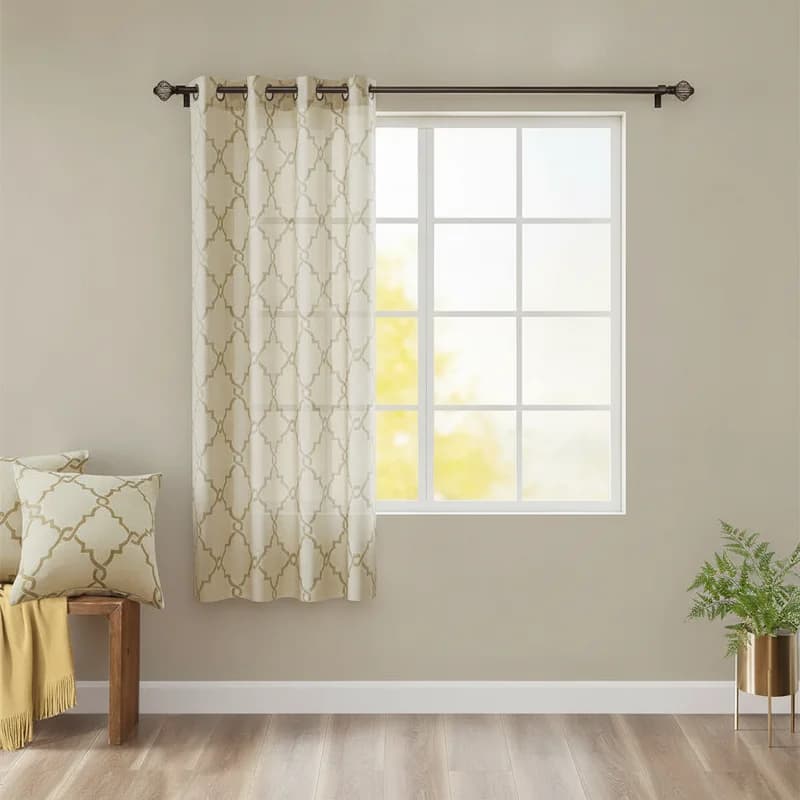 1PCS Metallic Fretwork Print Curtain Panel, Cotton Blend Basket Weave Texture, Beige with Gold Pattern, Gunmetal Grommet Top for Living Room Bedroom, 50x84 Inch, Single Panel