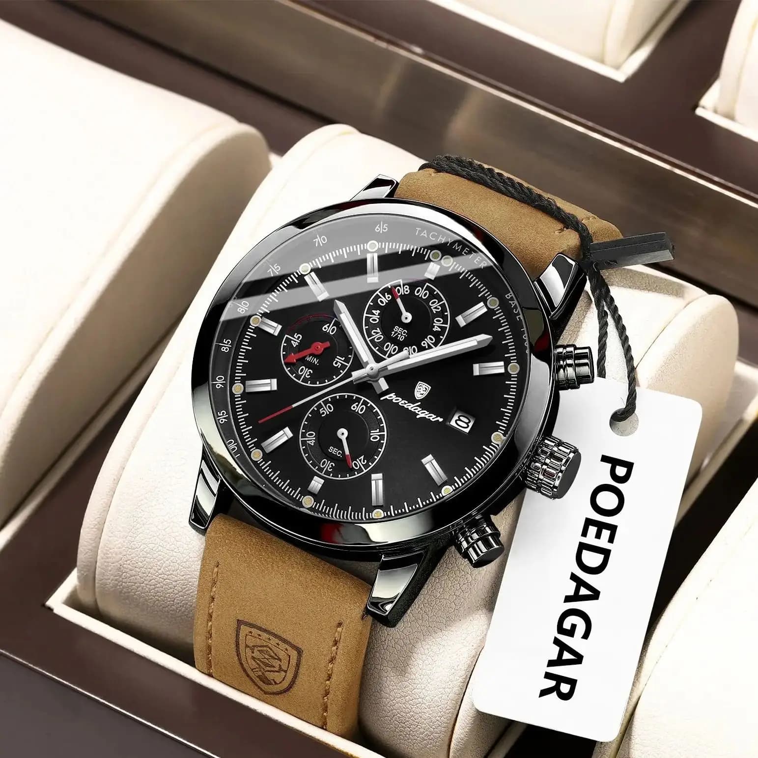 POEDAGAR Original Functional Man Watch Date Waterproof Luminous Chronograph Business Men Watch Male Leather Quartz Men's Watches