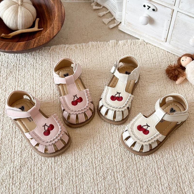 Sandali Chiusi per Bambine con Ricamo a Ciliegia e Ritagli, Scarpe Estive per Bambini con Cinturino a T e Velcro, Adorabili Calzature per Bambini 21-30