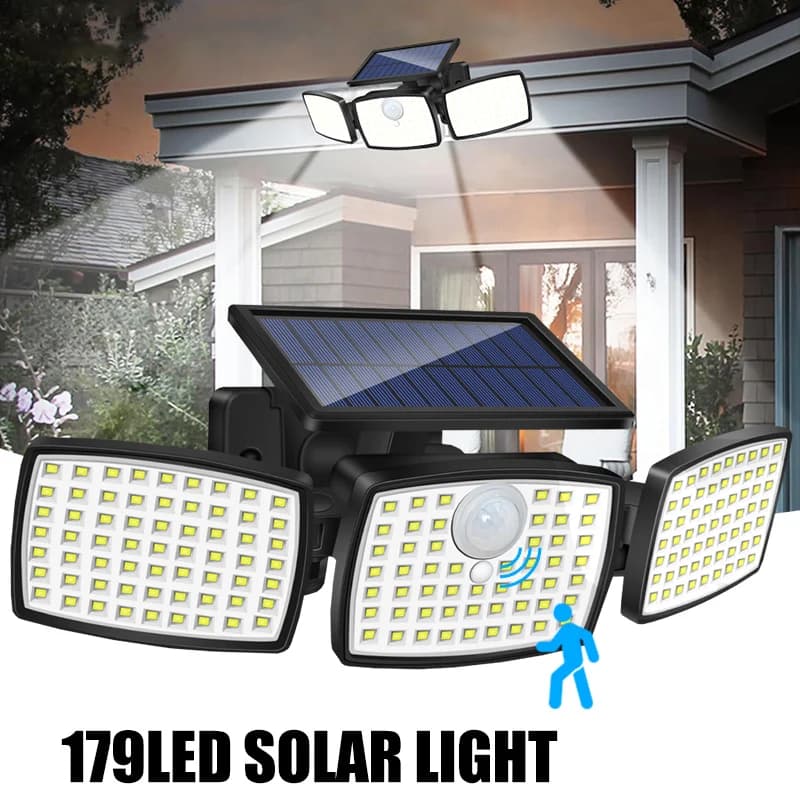 179 Luci solari a LED Sensore esterno 3 teste Luci di inondazione ad energia solare IP65 Luci di sicurezza impermeabili Movimento PIR per giardino