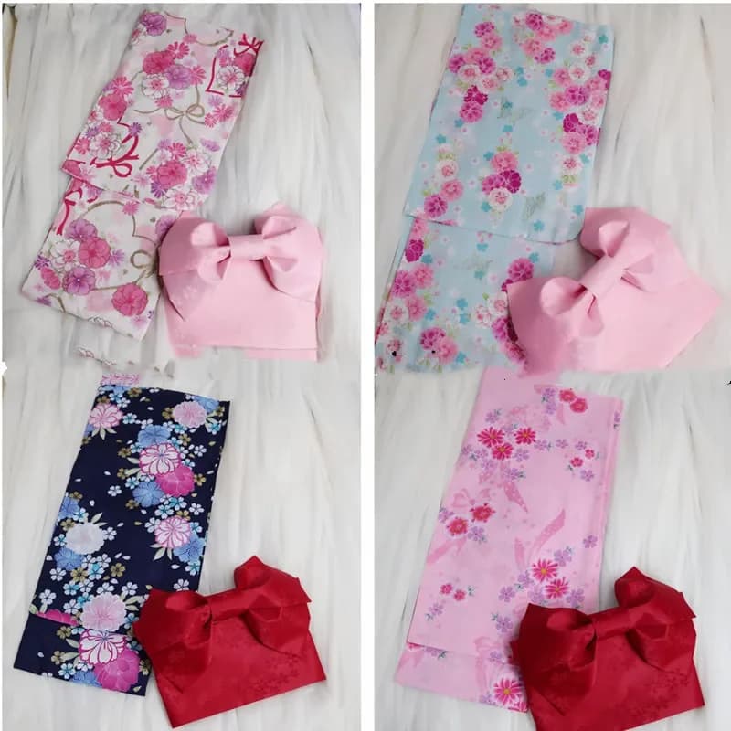 BigGirl Kimono with Obi 100% Cotton Shiny Sleeves Yukata Bronze Golden Bathrobe Cherry Blossom Lady Japan Traditional Belt