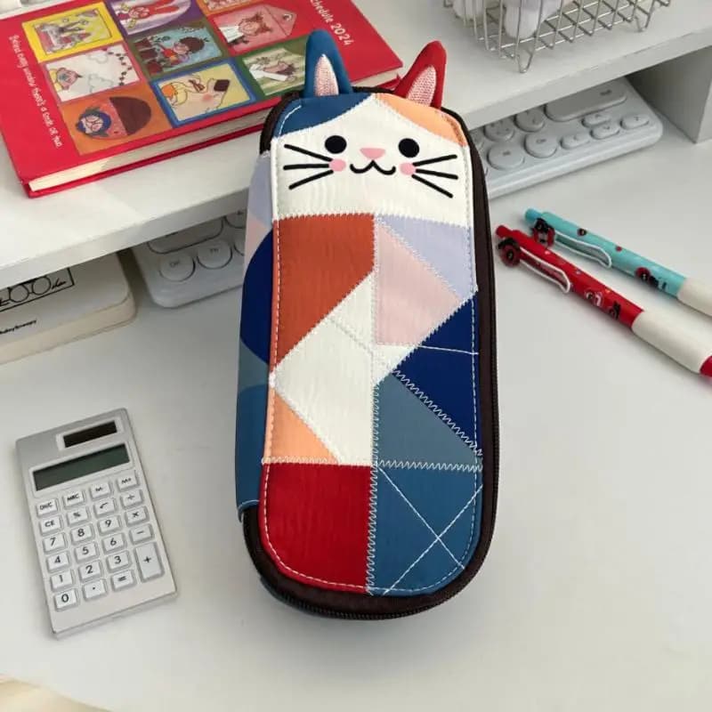 1 Pezzo Astuccio Kawaii Patchwork a Forma di Gattino, Grande Capacità, per Studenti, Organizer per Trucchi, Portamonete