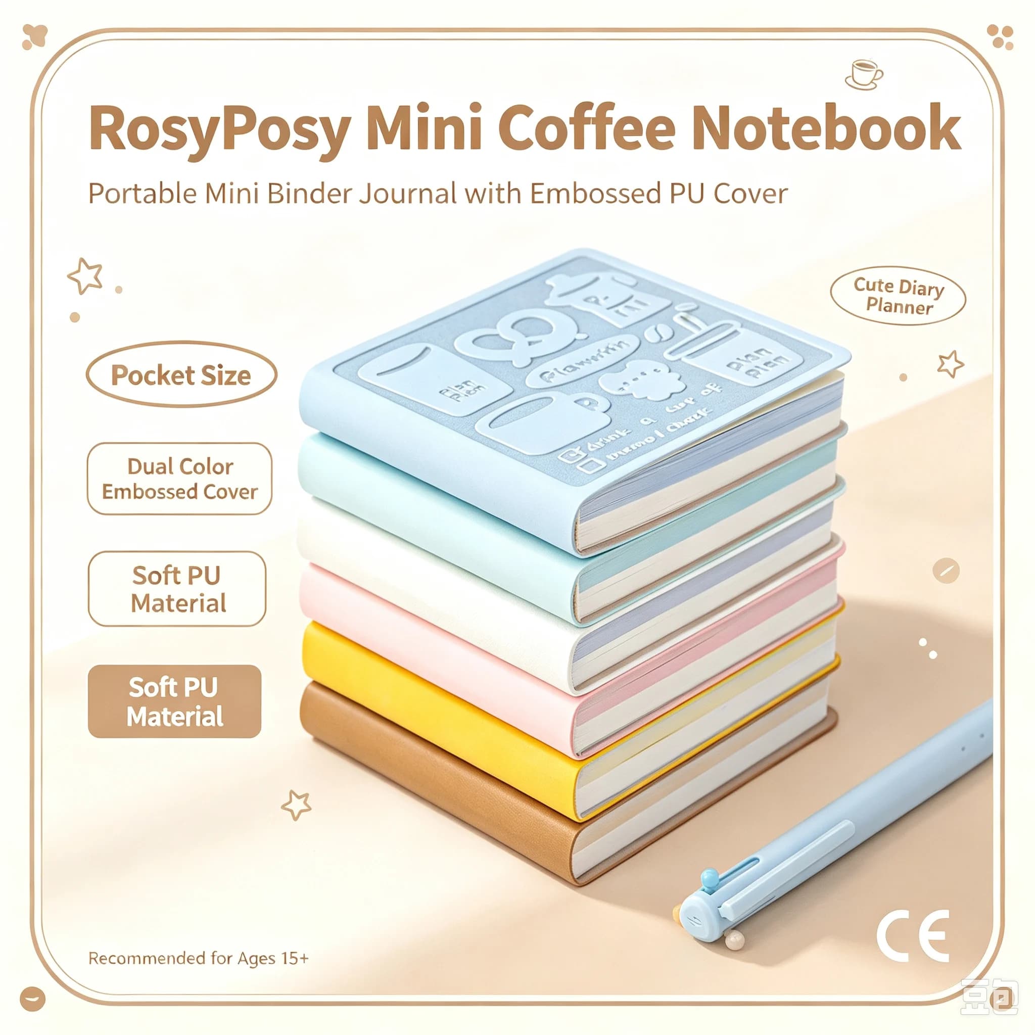 Rosyposy Mini Coffee Notebook Portable Mini Binder Journal Dual Color Embossed Pu Cover Soft Pu Material Cute Diary Planner Book