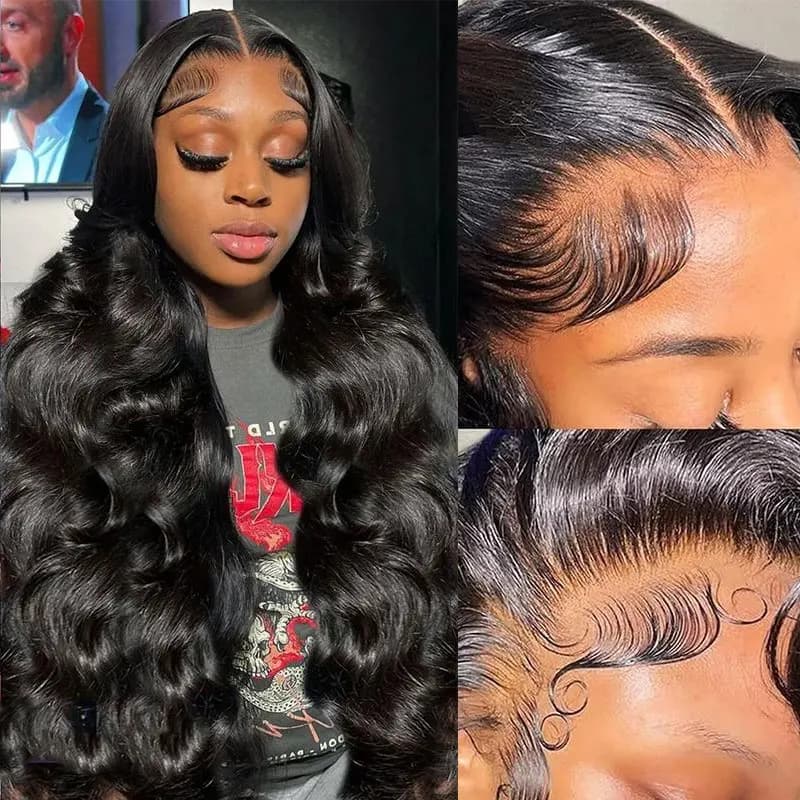 Black 40 inch wavy human hair wigs, with frontal in lace HD 13x5 13x6, in Brazilian virgin human hair, pre-strapped with baby hair