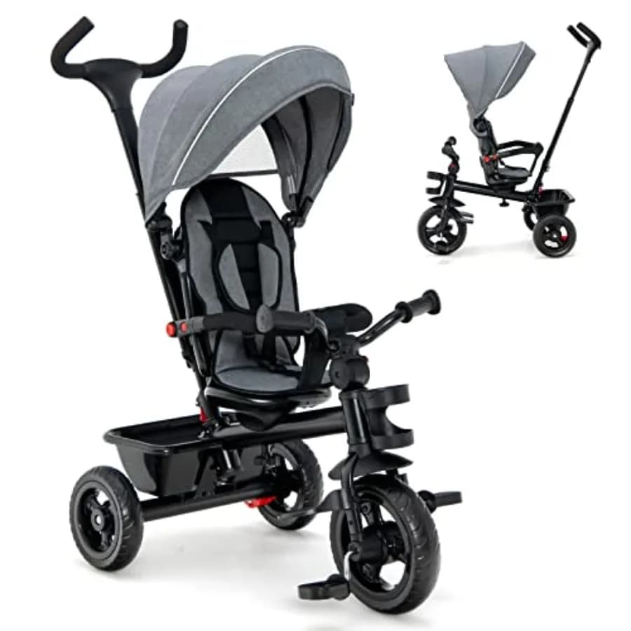 Triciclo Passeggino 5-in-1 per Bambini da 1,5-5 Anni con Manico Regolabile, Tettuccio, Sedile Reversibile, Ruote in EVA e Portabicchieri