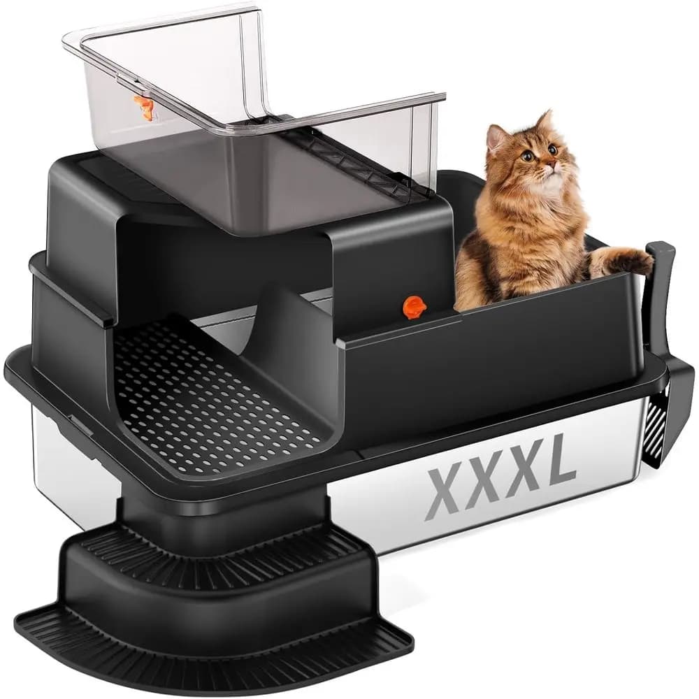Lettiera per Gatti in Metallo Extra Large Chiusa con Griglia Filtrante, Gradino, Paletta, Facile da Pulire (Nero)