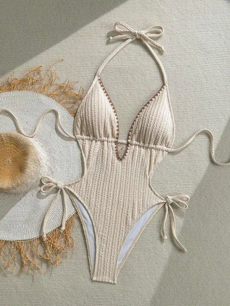 Womens One-Piece Swimsuit With Tie-Up Straps And Ribbed Texture For Beach Vacation
