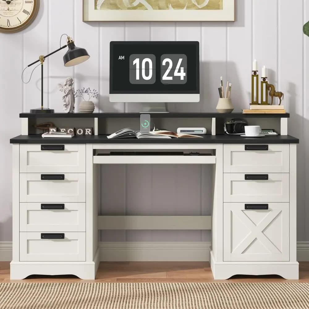 Scrivania Direzionale 60 con 8 Cassetti e Prese Elettriche, Scrivania per Ufficio Domestico in Legno con Vassoio Tastiera e Supporto Monitor, W