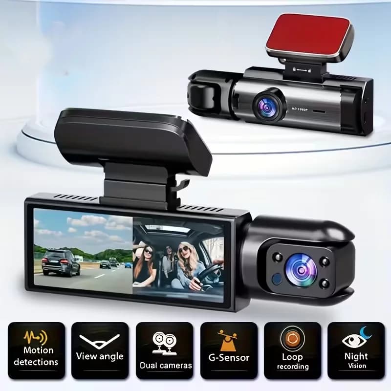 HONG TONG HD 1080P Dash Cam a Tre Obiettivi con Angolo Ampio, Visione Notturna, Registrazione Frontale e Interna dell'Auto, Compatibile con Tutti i Modelli di Veicoli