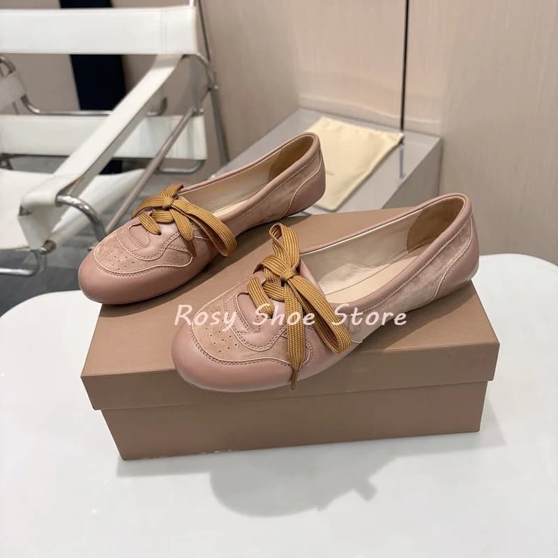 Casual Shoes Leather Pink Grey with Patchwork, Comfortable Style, Soft Sole, Electroplated Silver Round Toe, Design with Laces and Low Neckline