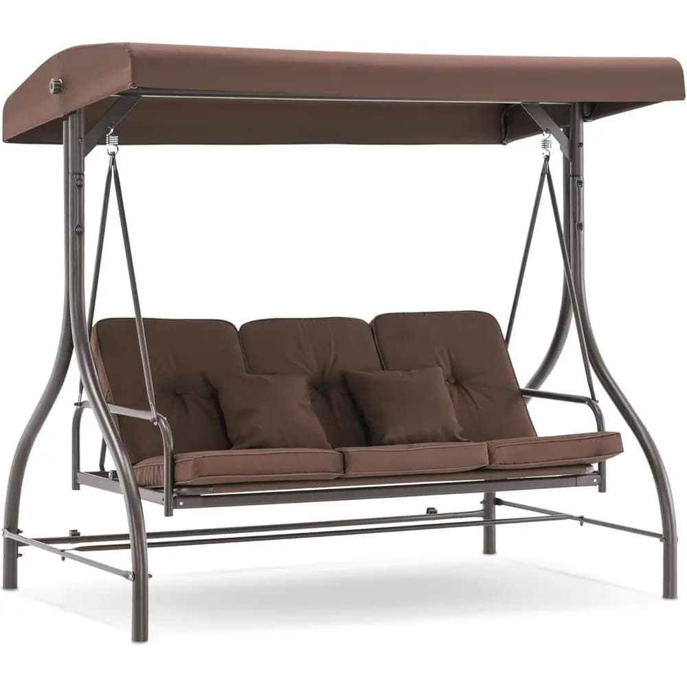 Convertible 3-Seat Outdoor Swing Chair with Cushions, Canopy, Pillows for Patio, Deck, Garden (Brown)