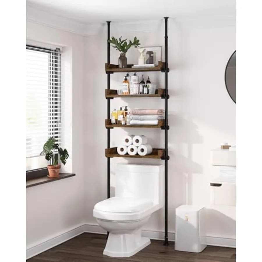 Bathroom organizer over the toilet, shelf space for 4 adjustable wooden shelves for small spaces, height from 92 to 116 inches