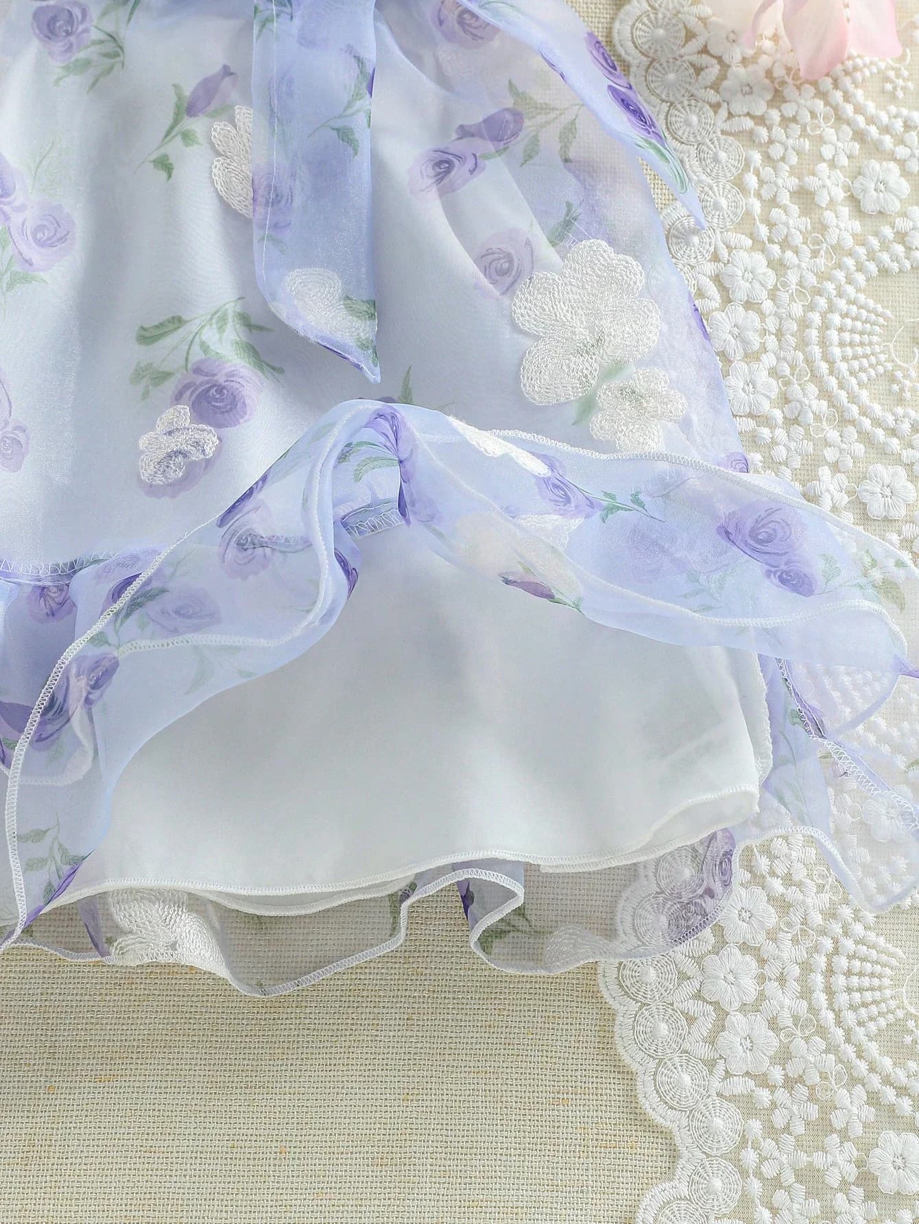 Elegant Floral Print Halter A-Line Dress With Bow And Ruffles For Women