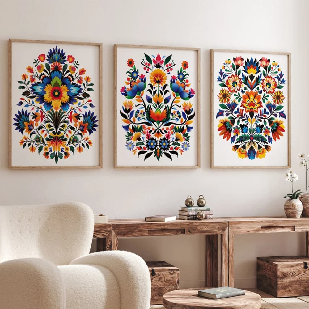 3pcs Minimalist Folk Art Flower Mexican Wall Art Prints Canvas Painting Poster Pictures For Living Bedroom Cafe Room Home Decor