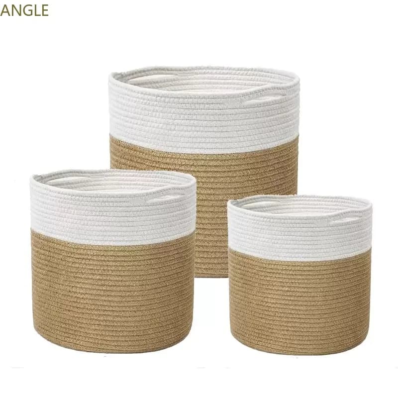 Basket for plants in cotton rope embossed in jute, basket holders in fabric for floor planter, flower pots, laundry lid with handle