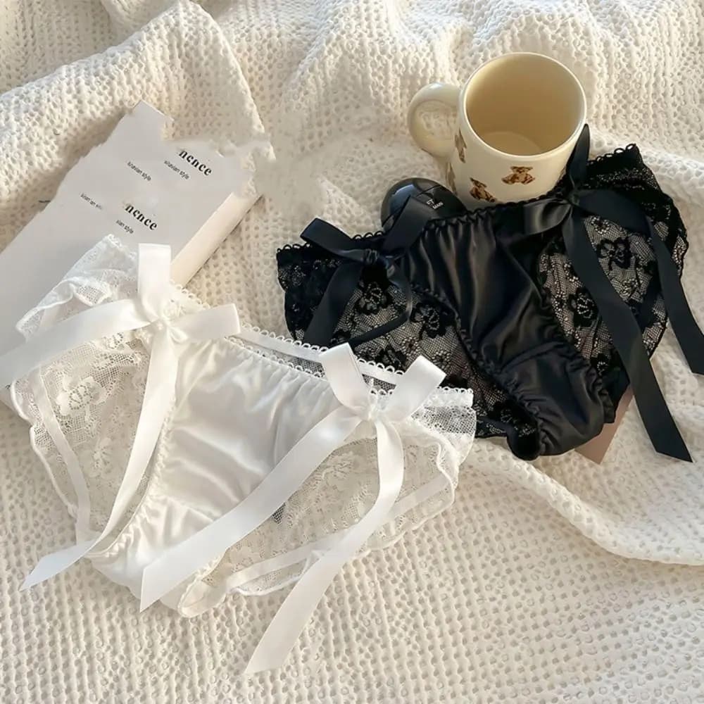 Temptation Solid Color Lace Bow Underwear Cotton Crotch Hollow Out Low-Waist Panties Female Lingerie Seamless Women Briefs Girl