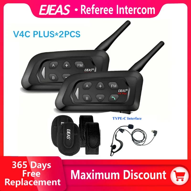 EJEAS V4C Plus Cuffie interfono per arbitro di calcio Bluetooth 1500M Cuffie full duplex Interfono per conferenze di calcio