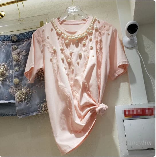 Women's T-shirt with large beads 2024 summer new cotton shirts loose t-shirts with lace stitching with Ropa Mujer