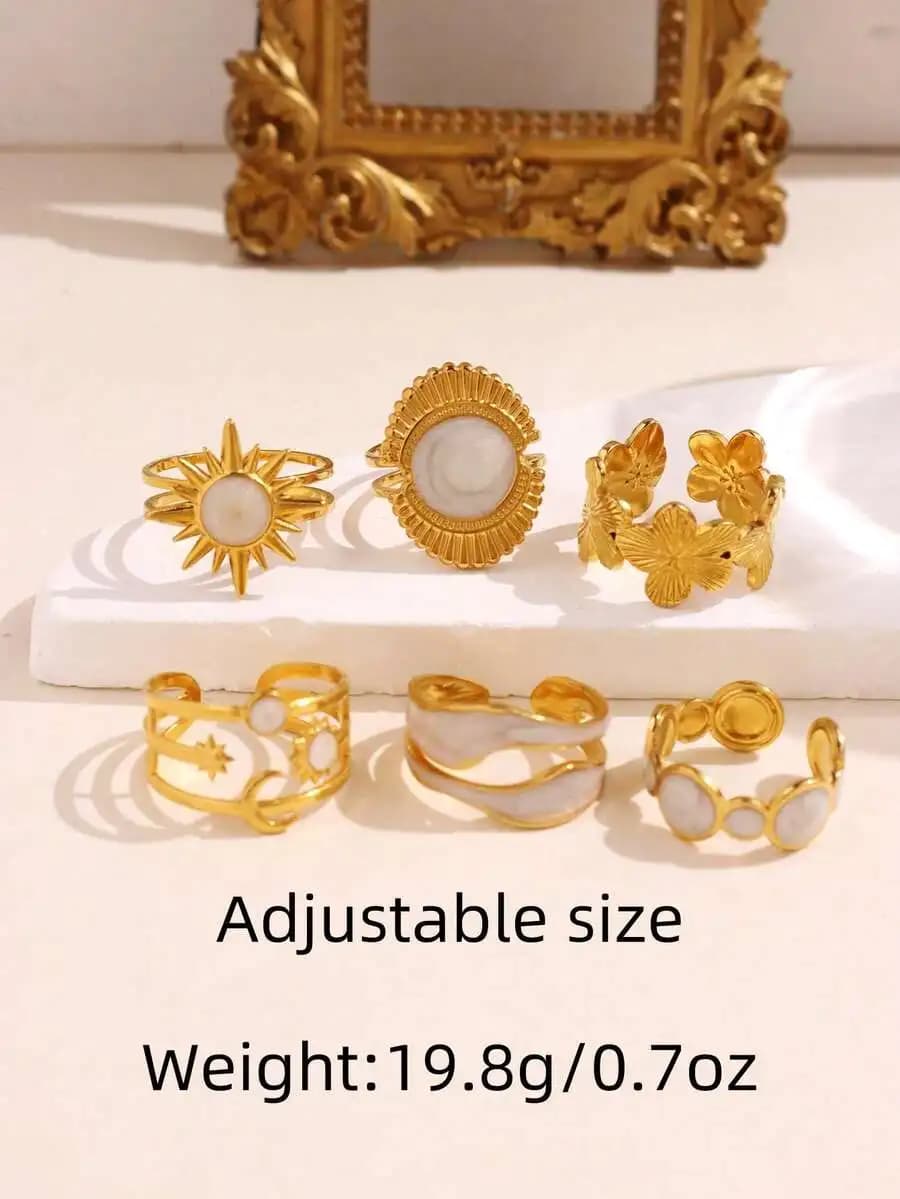 Set di 6 Anelli Regolabili Vintage in Resina, Design Sole Stella Fiore Geometrico, Gioielli da Donna