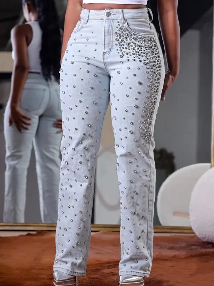 Luxury Rhinestone Beaded Jeans Women Sparkly High Waisted Straight Leg Denim Pants Y2K Fashion Streetwear Club Outfits Trouser