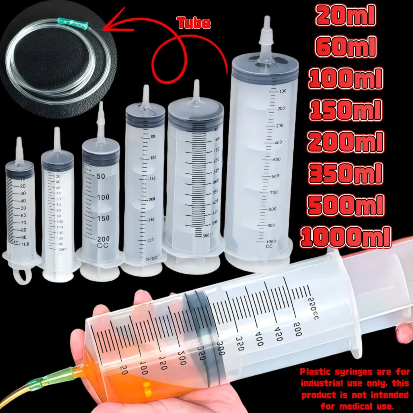 Plastic Syringe Large Capacity 100Ml, 150Ml, 250Ml, 350ml, 550Ml, 1000Ml | Oil Extractor for Auto Suitable for Laboratory Dispensation, Collar Expedition, Domestic Animal Irrigation and Veterinary Use