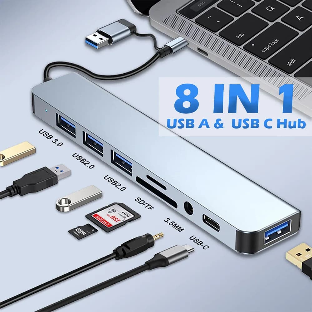 Adattatore Hub USB C 8-in-1 a Doppia Testa: Docking Station USB-C e USB-A 3.0/2.0 con Lettore di Schede SD/TF, Trasferimento Dati Veloce 5Gbps