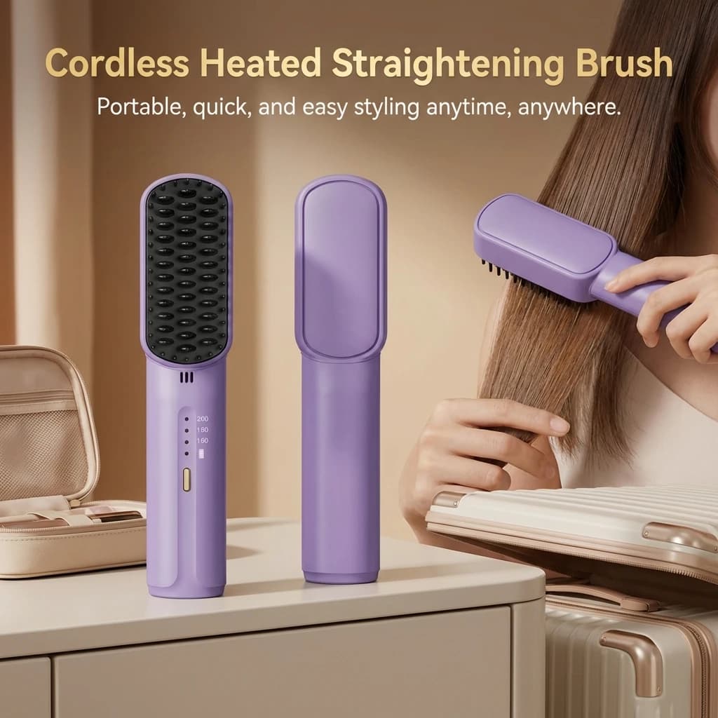 Wireless Smoothing Brush with Quick Heating and Anti-Scoating Design for All Hair Types, Home Use and Travel