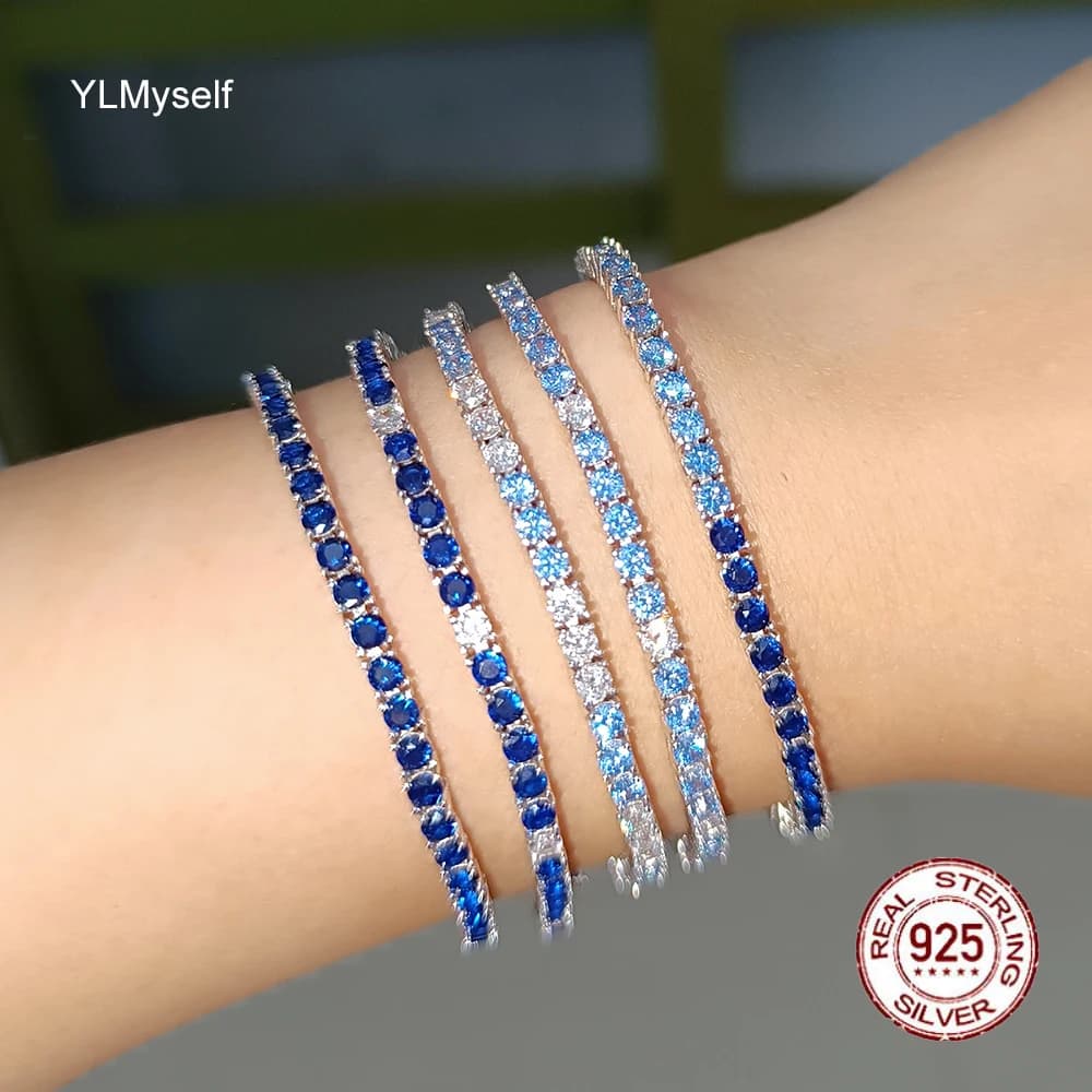 Bracciale Tennis YLMyself in Argento 925 con Acquamarina Montana Blu da 3mm e Zirconi Bianchi, Gioiello Ipoallergenico