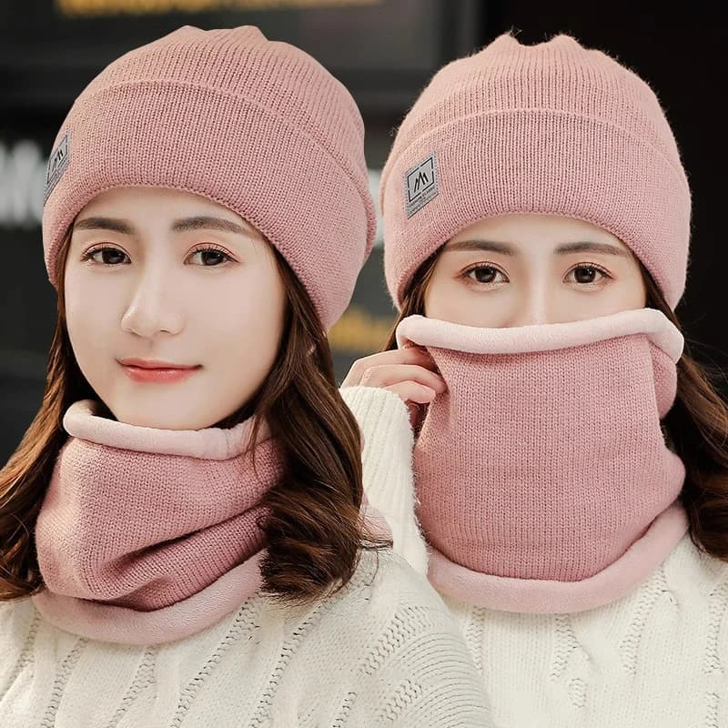 Women Knitted Beanie+Scarf Sets Thicken Velvet Lining Pullover Cap Unisex Winter Warm Plush Bonnet Neck Protection Scarves Hat