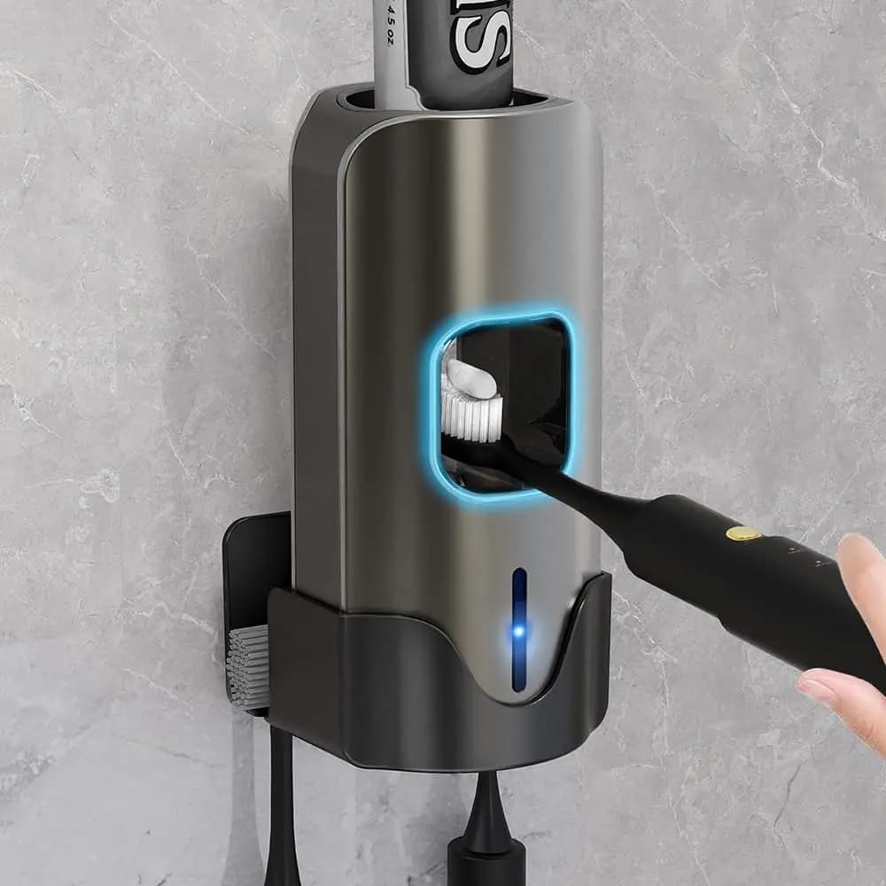 Dispenser Automatico di Dentifricio da Parete - Erogatore Intelligente Senza Contatto con 3 Livelli Regolabili, 2 Porta Spazzolini