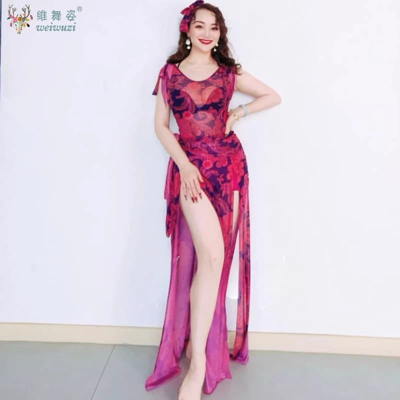 Elegant Belly Dance Robe Dancing Printed Mesh Shaabi Baladi Robe Girl's Oriental Practice Dress Balady Performance Dresses