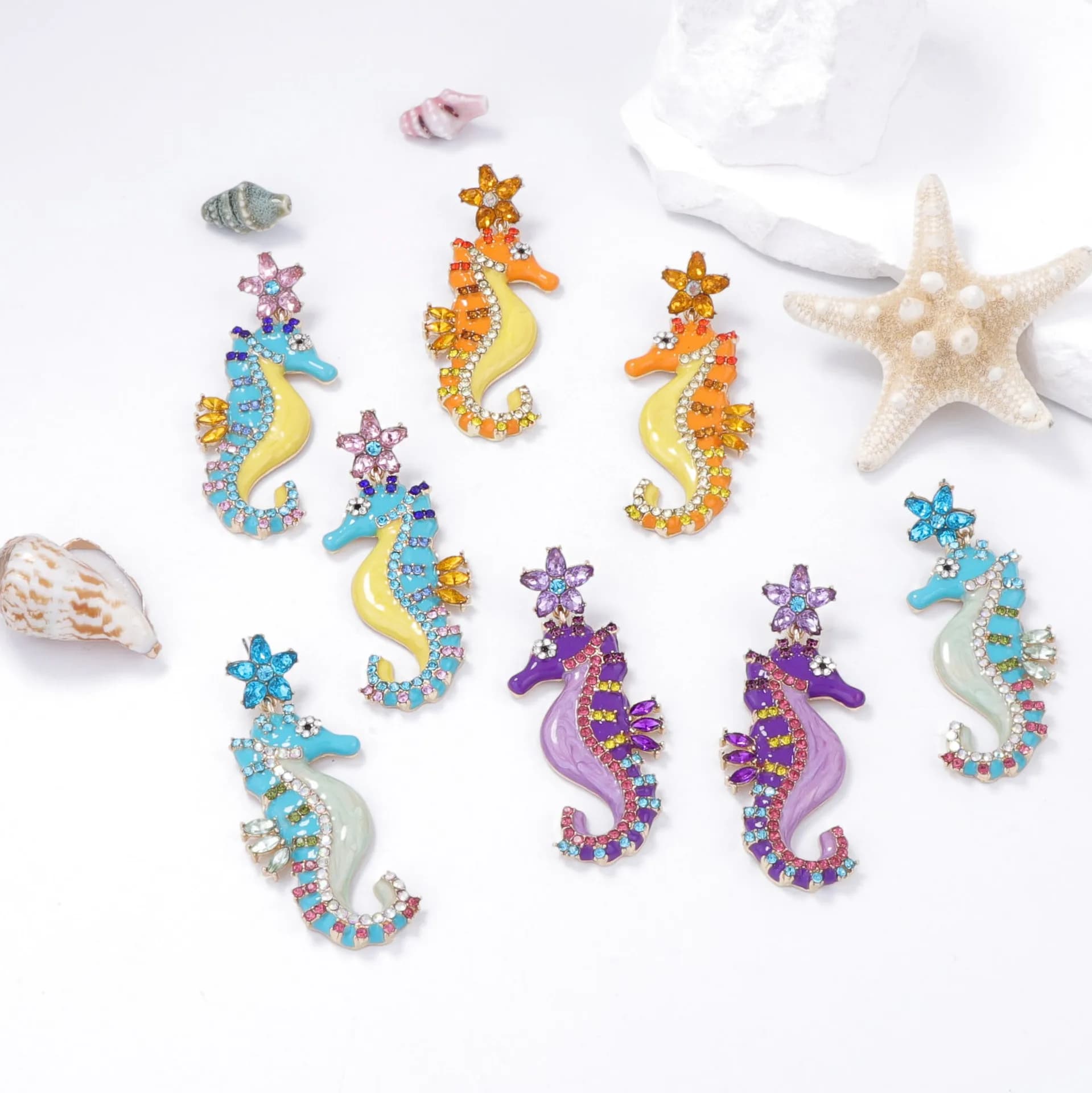 Personality Rhinestones Seahorse Pendant Earrings for Women Cute Enamel Marine Animal Dangle Earrings Summer Vacation Jewelry