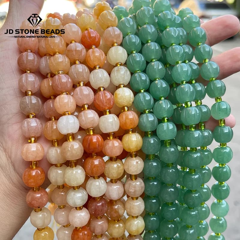 Perline distanziatrici allentate lucide a forma di zucca di giada di seta dorata in pietra naturale per la creazione di gioielli, accessori per braccialetti, collane fai da te
