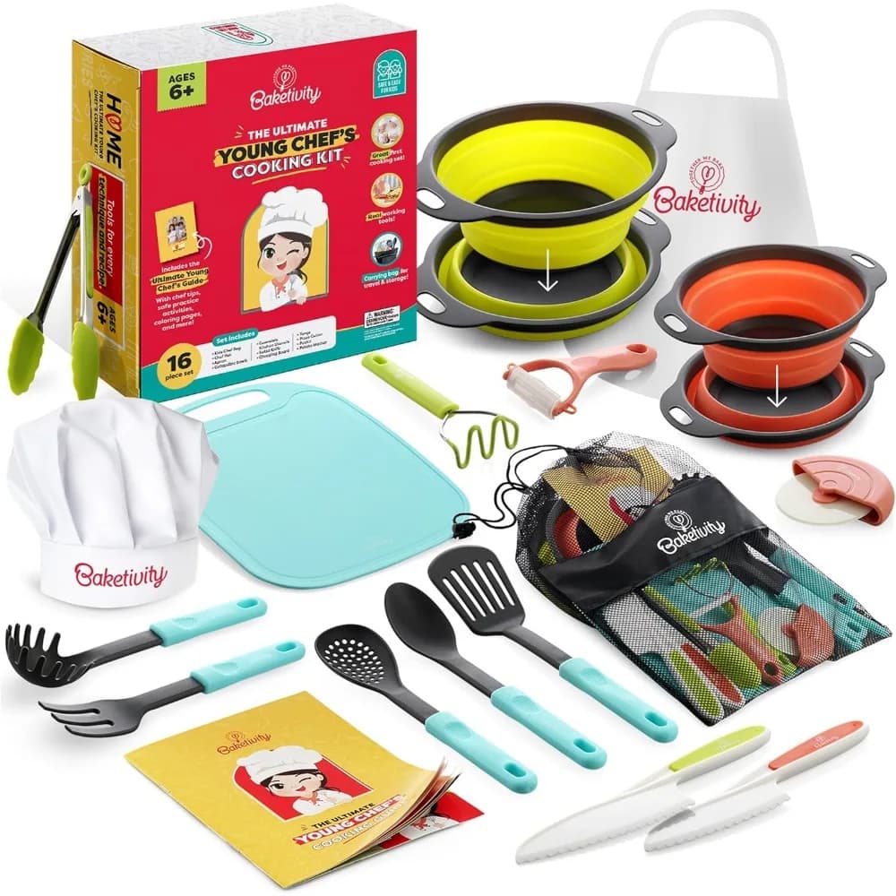 Kit Completo per Cucinare per Bambini con Utensili Veri, Ciotole, Tagliere, Coltello, Grembiule - Regalo per Piccoli Chef