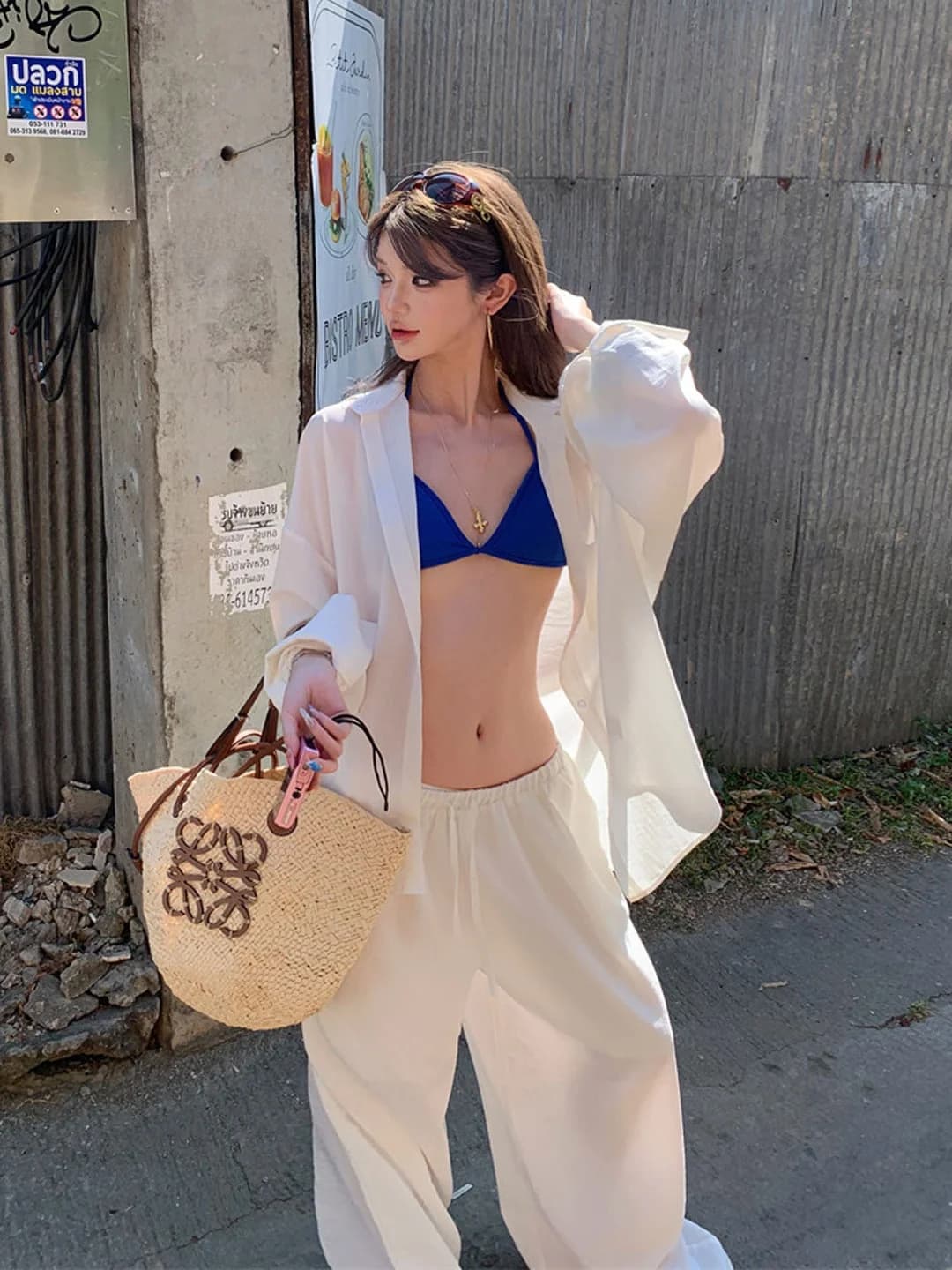 Completo Bikini da Spiaggia per Vacanze, Camicia Estiva Larga da Donna con Protezione Solare, Pantaloni a Gamba Larga, Stile Casual, Set Moda
